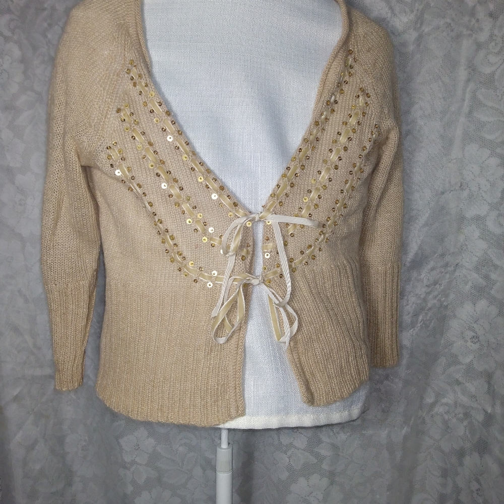 NWT Mix It Petites Wool Light Beige Cartigan with Goal Sequins
